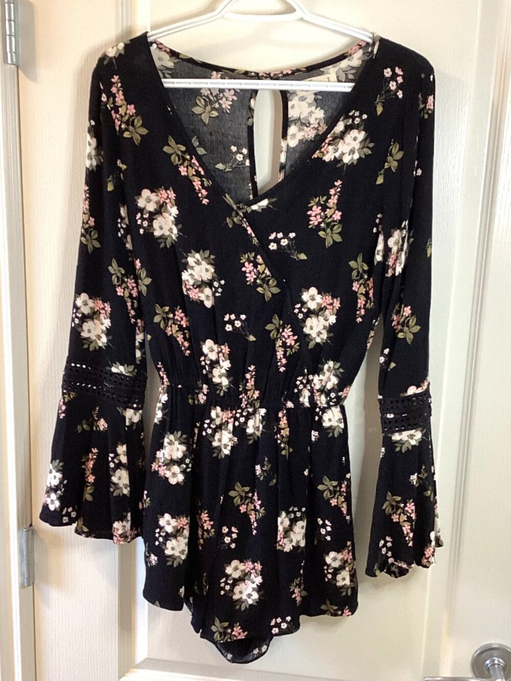 Hollister Women's Romper Size S Black Floral Print Long Bell Sleeves